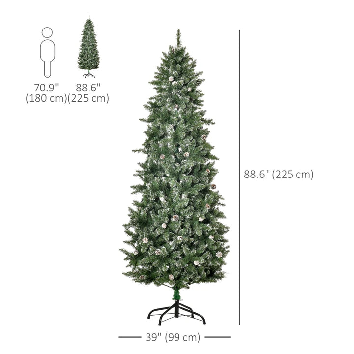 7.5ft 1119-Tip Unlit Slim Artificial Christmas Holiday Tree w Pine Cones, Snowy Tips Xmas Green
