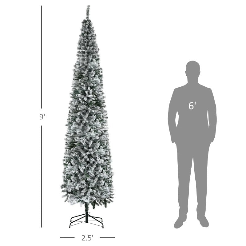 9ft 1014-Tip Unlit Snow Flocked Slim Artificial Pencil Christmas Holiday Xmas Tree, Green