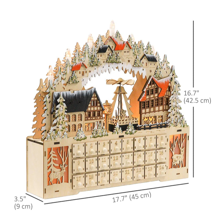 NEW Light-Up Wooden Christmas Advent Countdown Decor w 24 Drawers, Holiday Mountain Winter Village