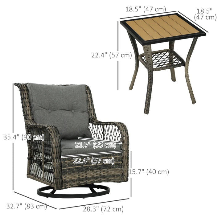 3-Piece Outdoor Bistro Set Wicker Patio Furniture with Swivel Glider Chairs - Cozy Small Space Seating