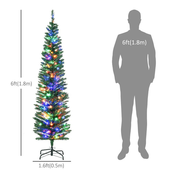 6ft Pre-lit Ultra Slim Pencil Faux Christmas Holiday Tree w 150 Multicolour LED Lights, Green