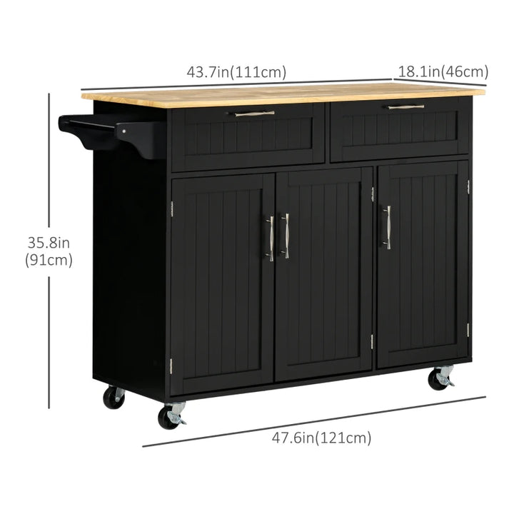 Modern Rolling Kitchen Island Storage Cart Cabinet Sideboard w Drawers, Natural Wood Top, Black