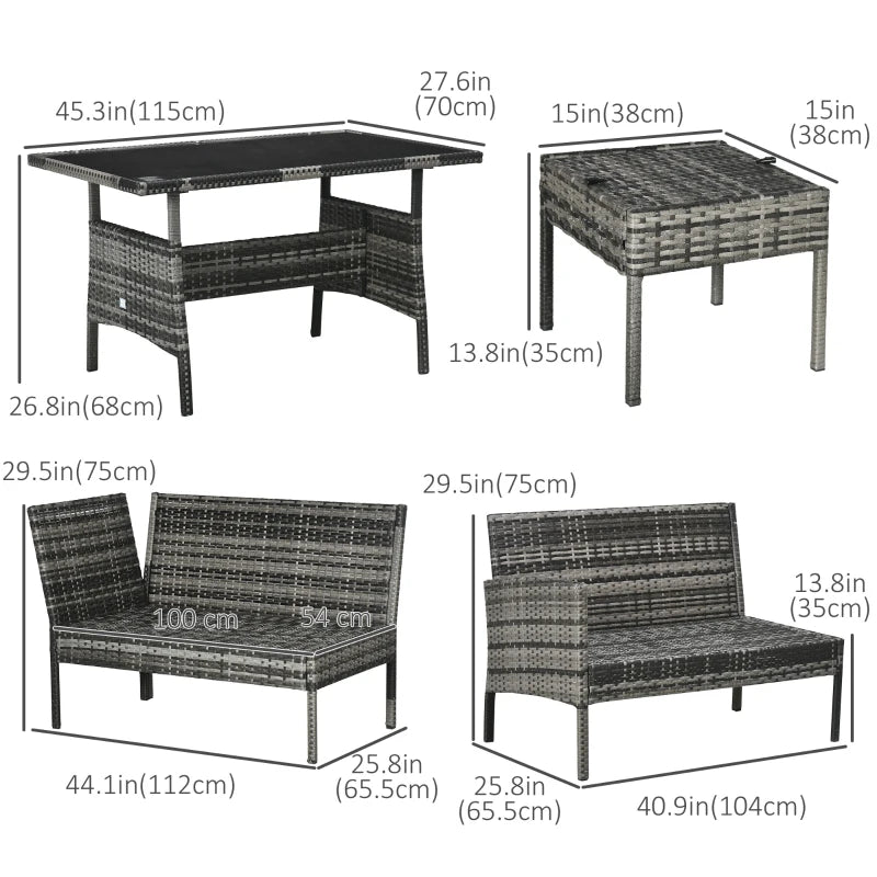 6pc L-Shape PE Rattan Wicker Dining Table Set w Stools, Cushions for Outdoor Patio, Khaki, Grey