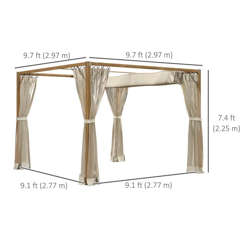 10' x 10' Wooden Pergola Gazebo w Retractable Canopy Roof & Mesh Net Curtains - Natural, Cream