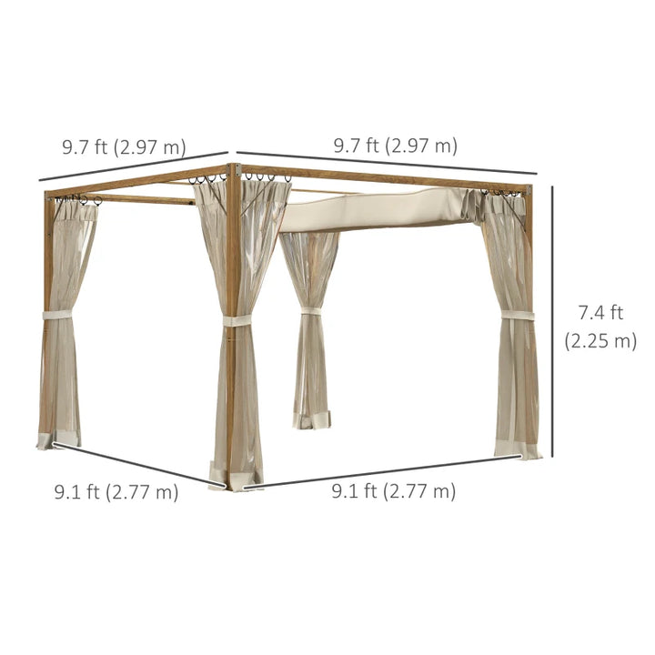 10' x 10' Wooden Pergola Gazebo w Retractable Canopy Roof & Mesh Net Curtains - Natural, Cream