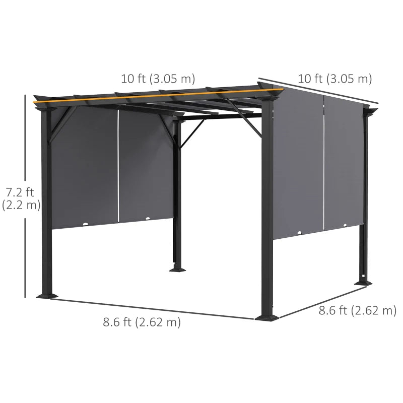 10' x 10' Steel Pergola Gazebo Shelter w Retractable Fabric Roof for Outdoor Deck Patio, Grey