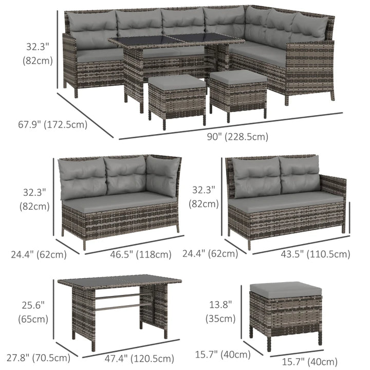 6pc L-Shape PE Rattan Wicker Outdoor Dining Patio Furniture Set w Cushions, Ottomans, Lt Grey