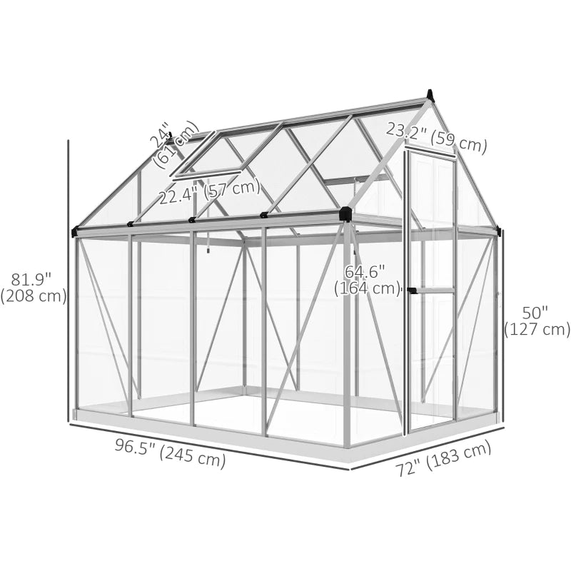 6' x 8' Walk-In Hard-Sided Aluminum Garden Greenhouse w Clear & Double PC, 5-Level Vent, Door