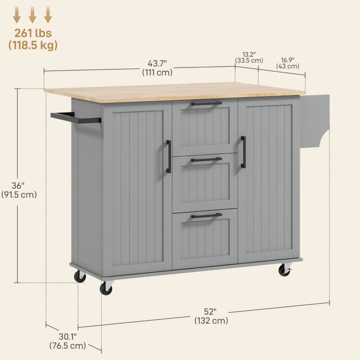 Rolling Kitchen Island Cart w Drop-leaf Dining Countertop Bar, Storage Drawers, Wood Top, Grey