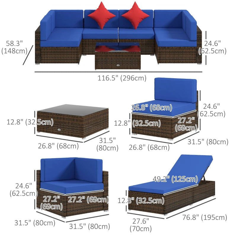 9pc Premium PE Rattan Wicker Sectional Conversation Outdoor Patio Set w 2 Loungers, Brown, Blue