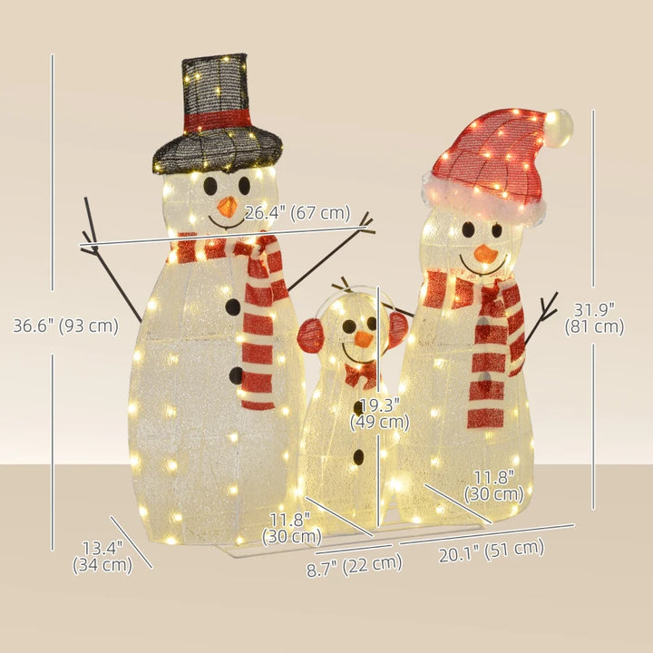 3ft Cute Outdoor Holiday Christmas Light-Up Lawn Decoration Steel, 148 Lights, 3 Snowman Family