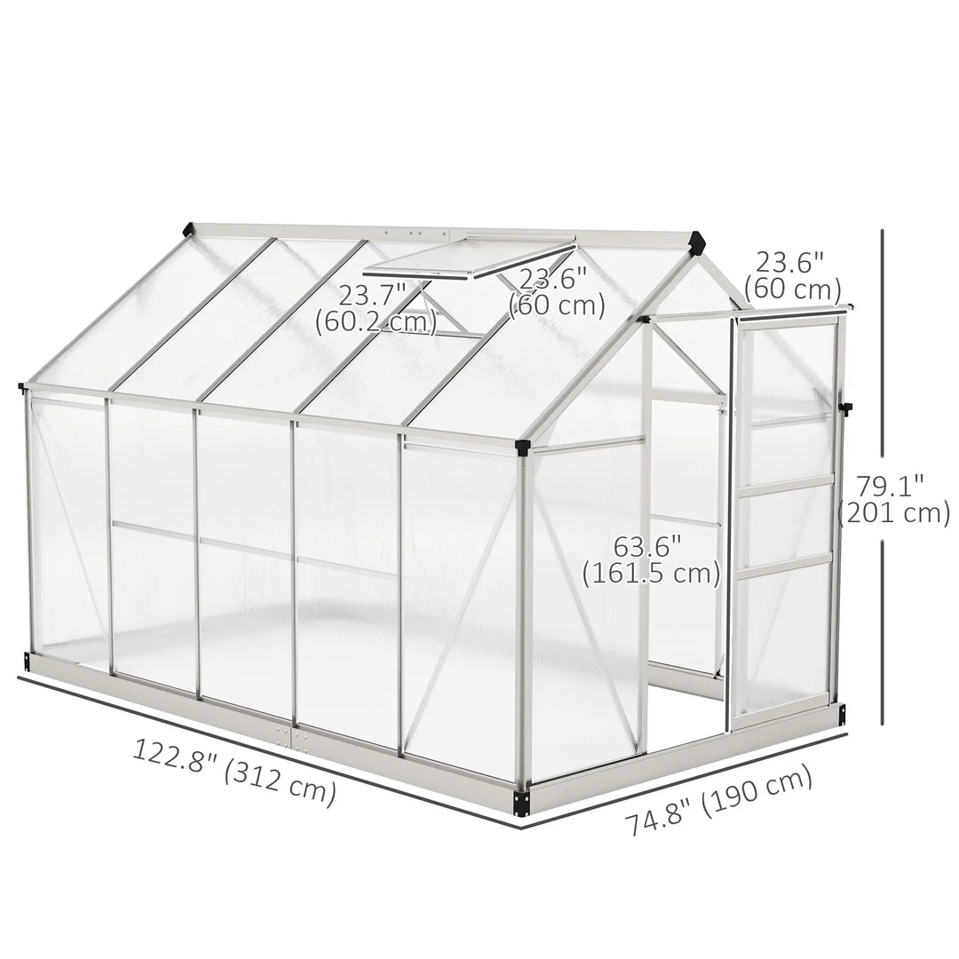 10' x 6' x 6.6' Walk-in Aluminum PC Hard Sided Greenhouse w Foundation for Outdoor Plants Gardening