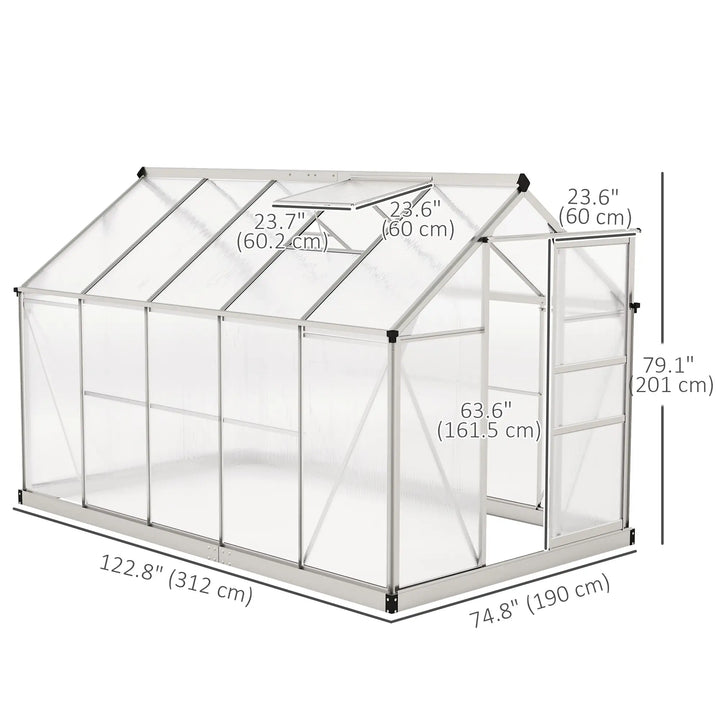 10' x 6' x 6.6' Walk-in Aluminum PC Hard Sided Greenhouse w Foundation for Outdoor Plants Gardening