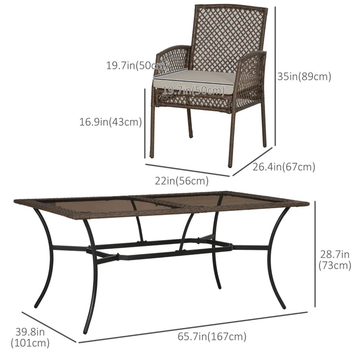 7pc PE Rattan Wicker Dining Set w 6 Chairs & Glass Top Table for Outdoor Patio, Brown, Beige