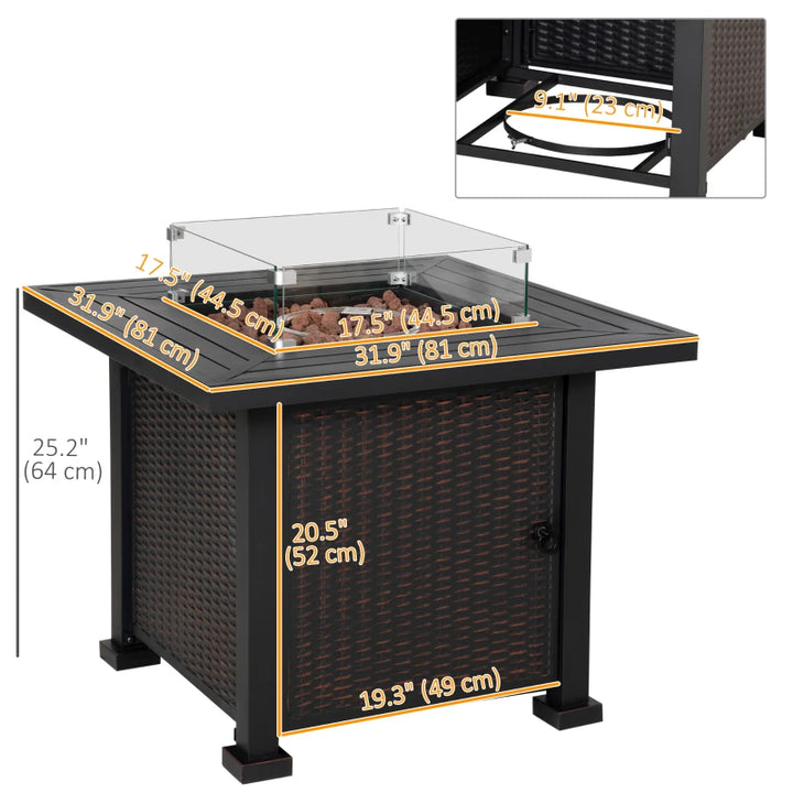 32" 50,000 BTU Propane Gas Fire Pit Table w Stones, Glass Shield, Rattan Design, Bronze Brown