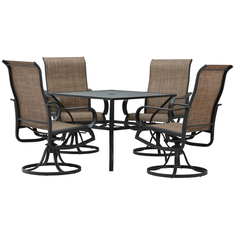 5pc Steel Bistro Dining Table w 4 High-Back Swivel Rocking Chairs, Outdoor Patio, Black, Brown