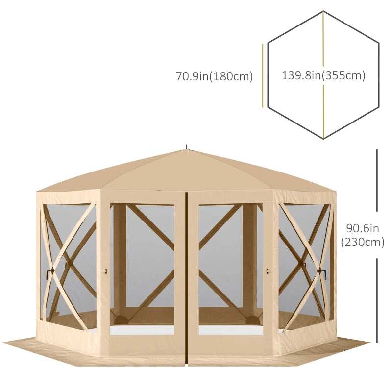 12' Pop-Up Hexagonal Gazebo Tent Canopy Camping Outdoor Shelter w Mosquito Net Mesh Walls Beige