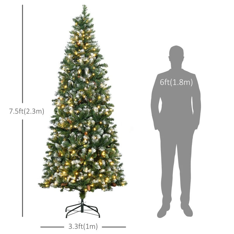 7.5ft 1051-Tip Pre-lit Realistic Artificial Christmas Xmas Tree, Pine Cones 350 LEDs Snow Green