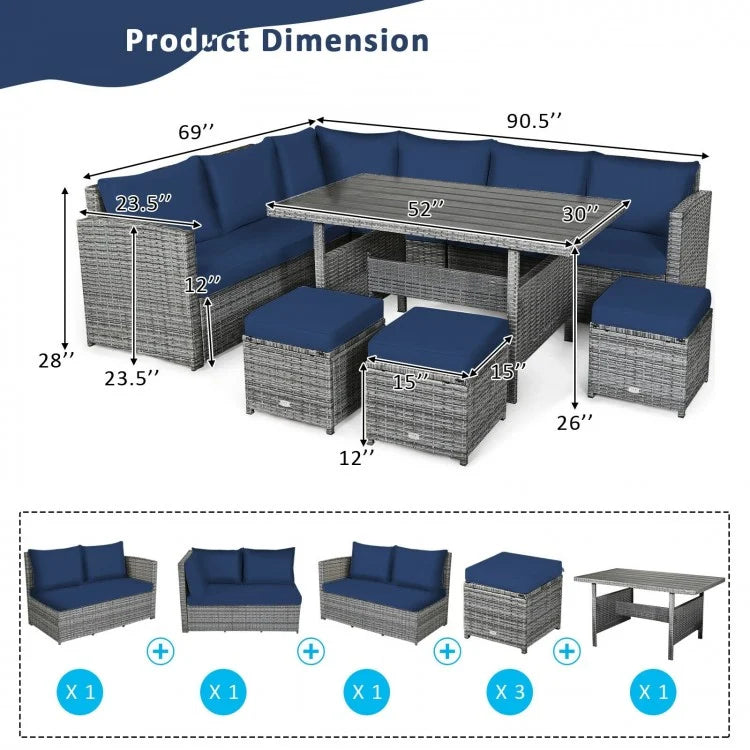 7pc L-Shape Rattan Wicker Dining Set Outdoor Patio Sectional w Table Cushions Ottomans, Navy Blue