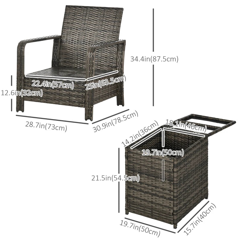 3pc PE Rattan Wicker Bistro Set w Armchairs, Cushions for Outdoor Deck Patio, Brown, Royal Blue