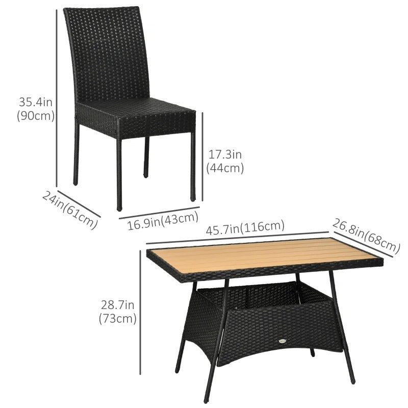 5pc Elegant PE Rattan Wicker Dining Set w Composite Wood-Look Table Outdoor Patio, Black, Cream