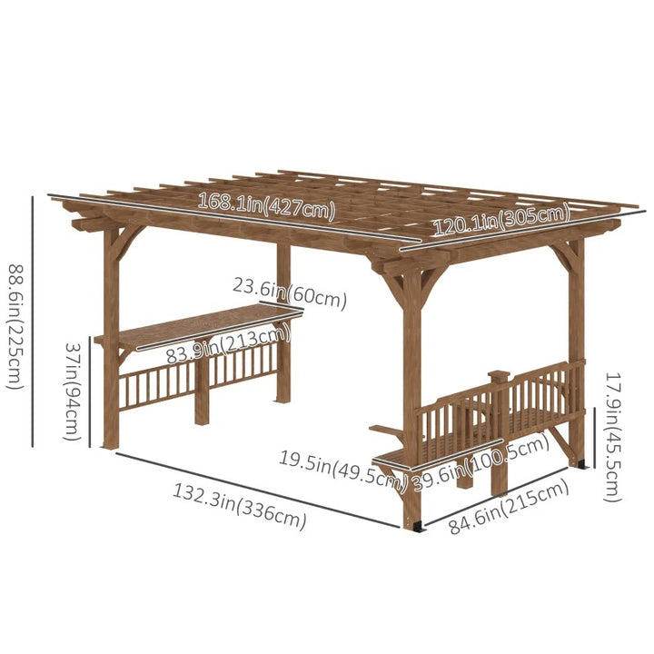 14' x 10' Wood Pergola Gazebo Patio Garden BBQ Shelter w Bar Counters, Bench Seats - Brown