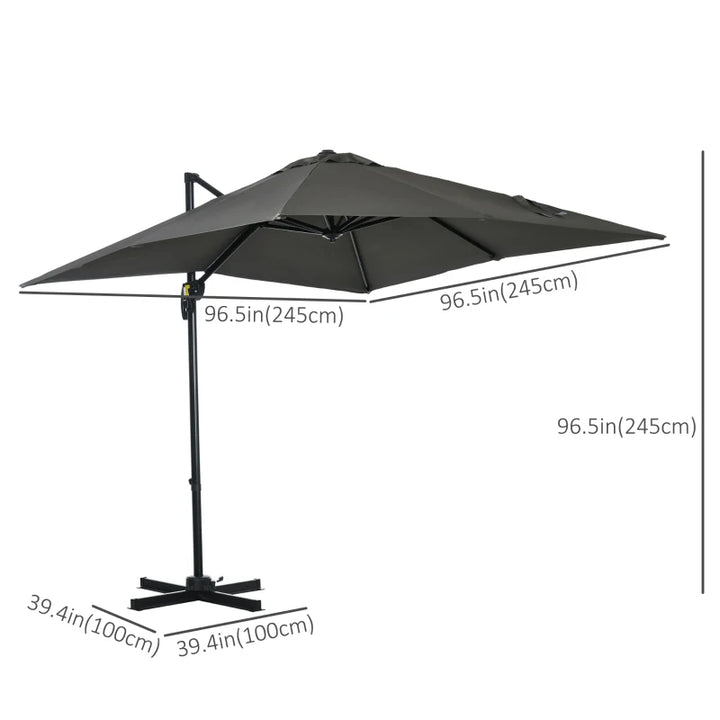 8ft Square Rotating Tilting Offset Cantilever Umbrella Canopy w Cross Base Outdoor Patio, Grey