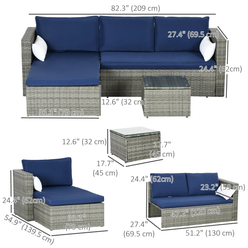 3pc Compact PE Rattan Wicker Conversation Sofa Set w Cushions for Outdoor Patio - Grey, Blue