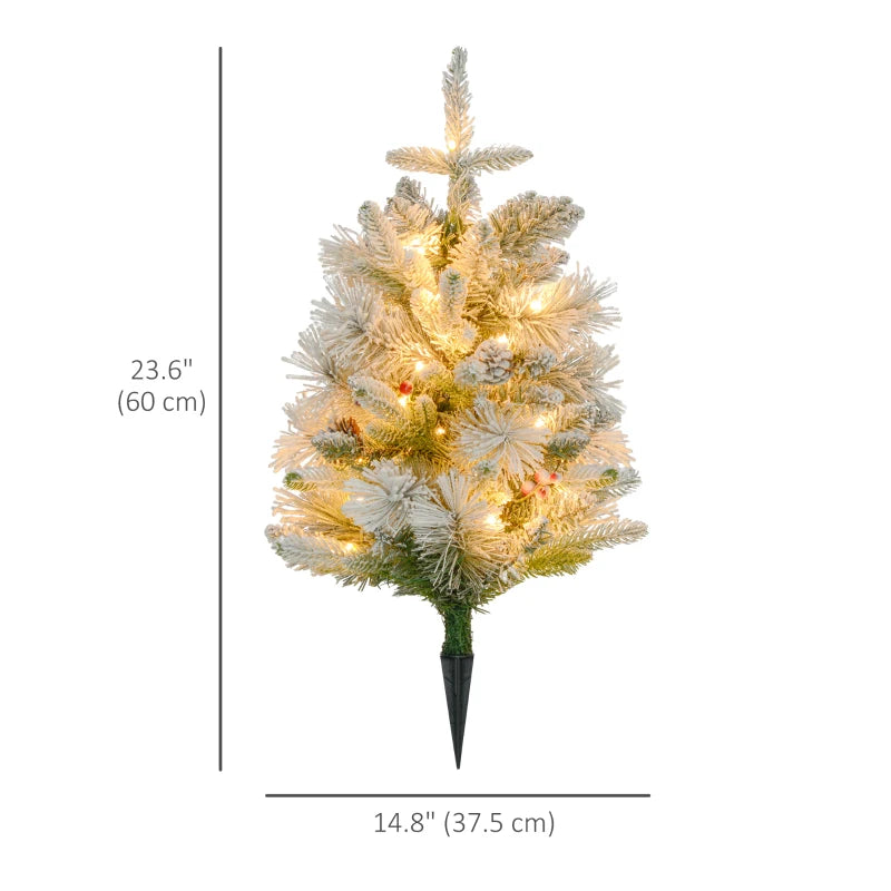 NEW 2pc 2ft Prelit Snowy Artificial Christmas Holiday Mini Outdoor Tree w Pinecones, Berries, Green