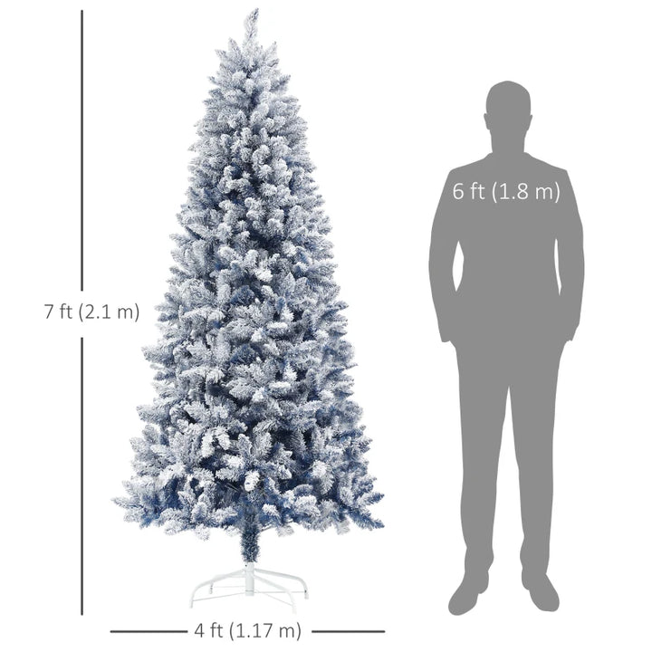 7ft Full 1102-Tip Unlit Snow Flocked Classic Artificial Christmas Holiday Tree Xmas Decor, Blue
