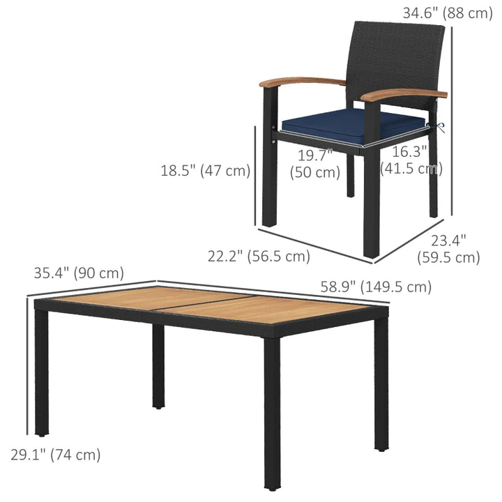 7pc, 6-Seat Patio Dining Set w Acacia Wood Tabletop, Rattan Arm Chairs, Cushions Outdoor, Black