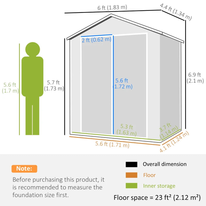 6' x 4.5' Resin PP Plastic Aluminum Outdoor Tool Storage Shed w 2 Doors for Patio Garden, Grey