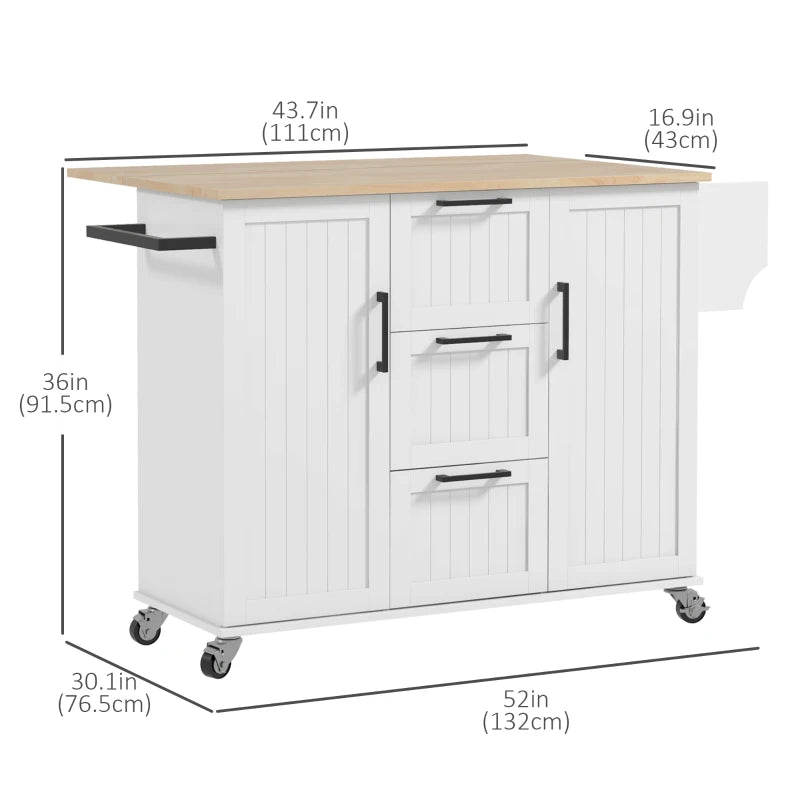 Rolling Kitchen Island Cart w Drop-leaf Dining Countertop Bar, Storage Drawers, Wood Top, White