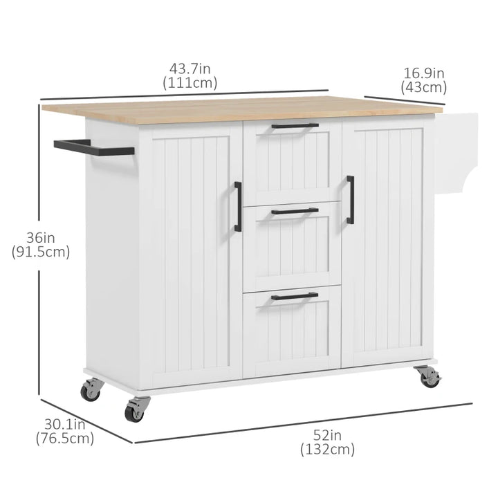 Rolling Kitchen Island Cart w Drop-leaf Dining Countertop Bar, Storage Drawers, Wood Top, White