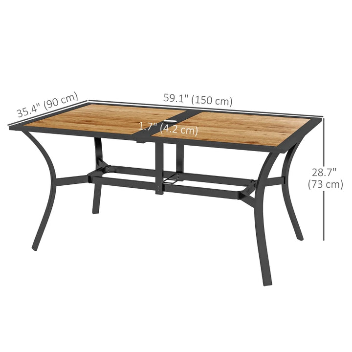 59" x 35" Sleek Steel Plastic Wood Top Dining Table for Outdoor Patio, Natural Grain, Black