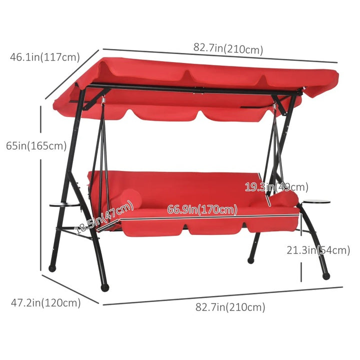 Outdoor 3 Seater Garden Swing / Flat Daybed w Canopy Shade, Cushions for Garden Deck Porch, Red