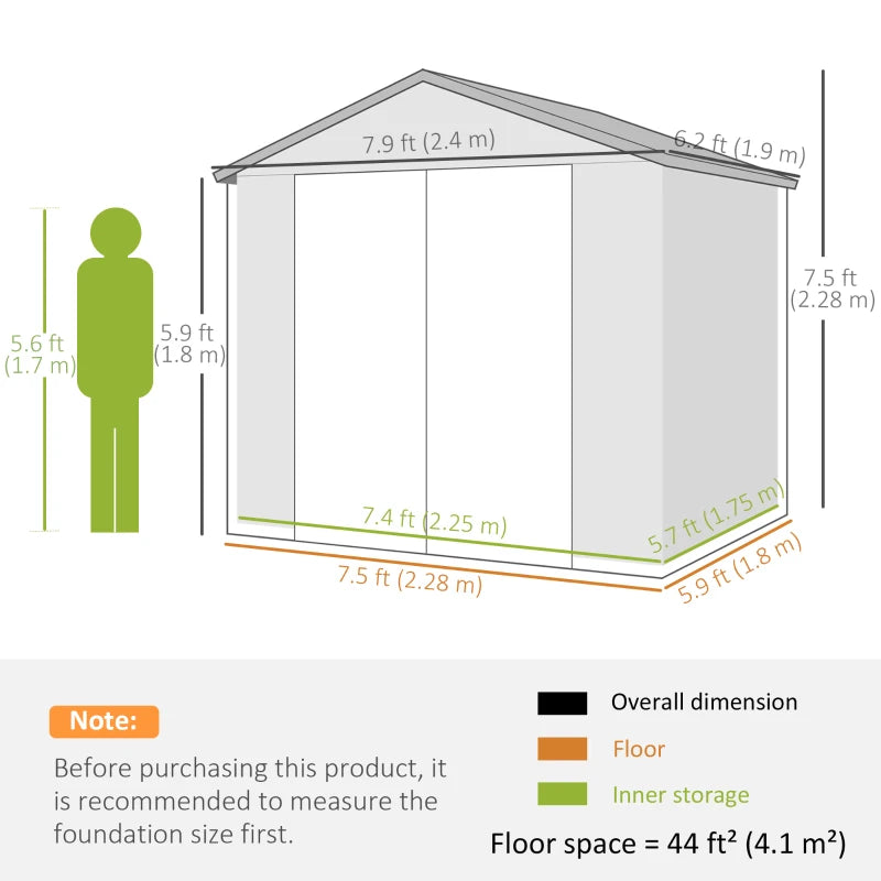 8' x 6' Resin PP Plastic Aluminum Outdoor Tool Storage Shed w Swing Doors, Patio Garden, Grey