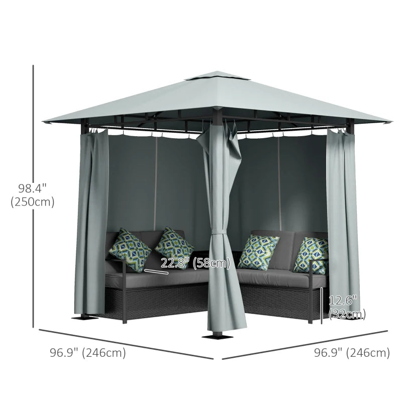 All-in-One Corner Rattan Wicker Outdoor Sofa Set & Patio Gazebo w Canopy, Curtains, Black, Grey