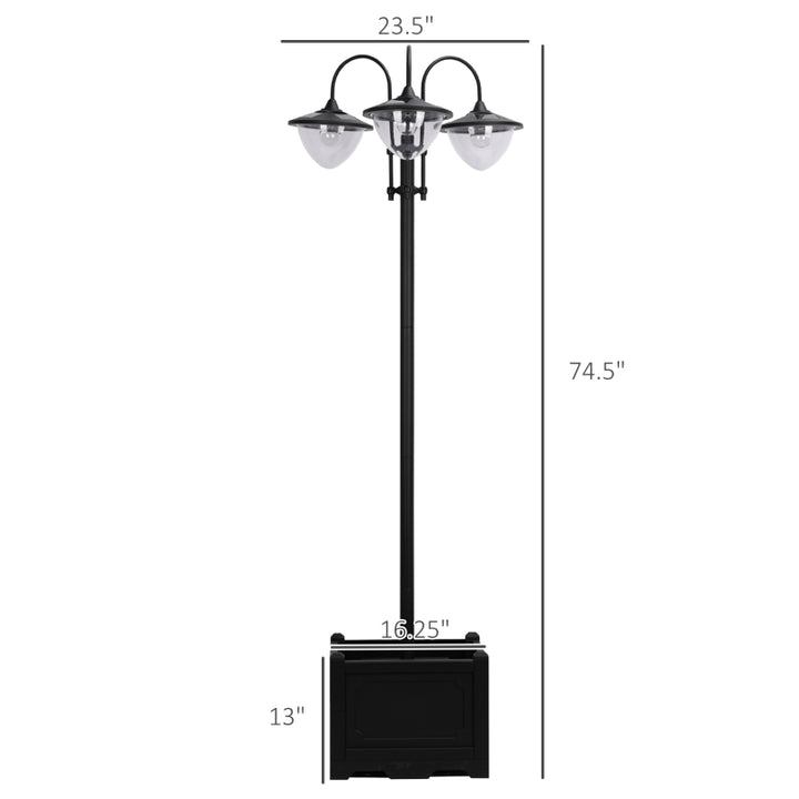 74” 3-Head Solar LED Automatic Outdoor Torch Light Street Lamp Post w Flowerbed Planter, Black