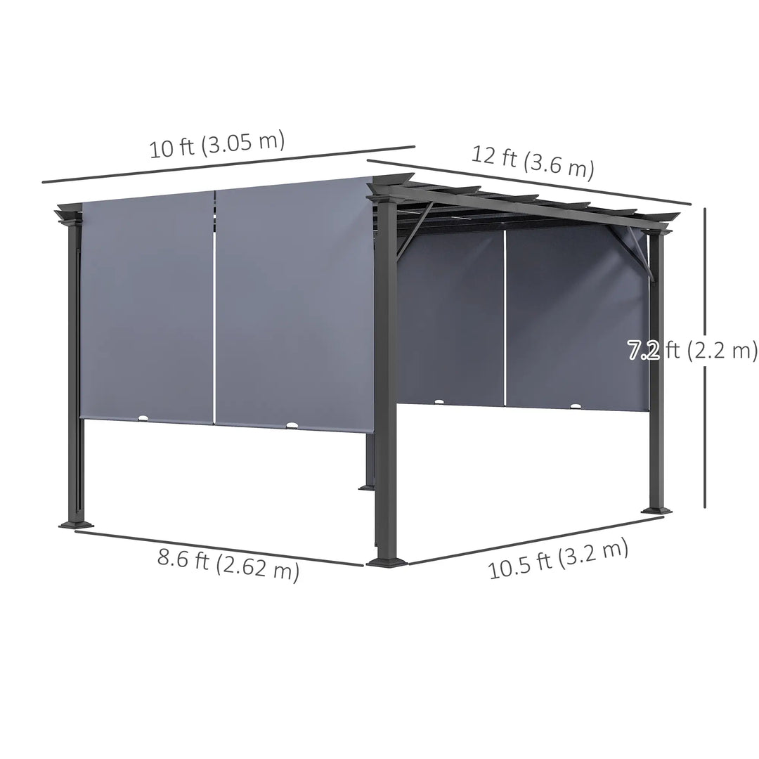 12' x 10' Steel Pergola Gazebo Shelter w Retractable Fabric Canopy Roof, Outdoor Deck Patio, Grey