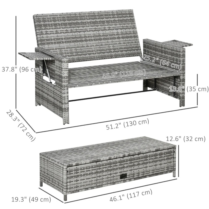 2pc PE Rattan Wicker Convertible Sofa Loveseat Daybed Lounger, Ottoman, Cushions Outdoor, Grey