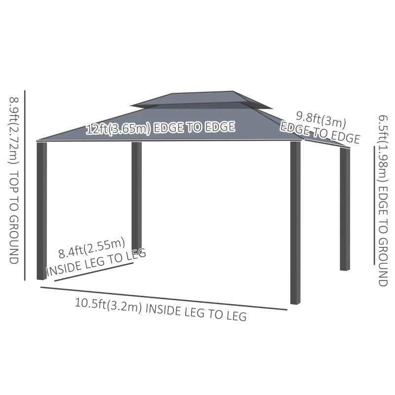 12' x 10' Tiered Galv Steel Hardtop Aluminum Frame Gazebo Canopy Shelter w Mesh, Curtain, Brown