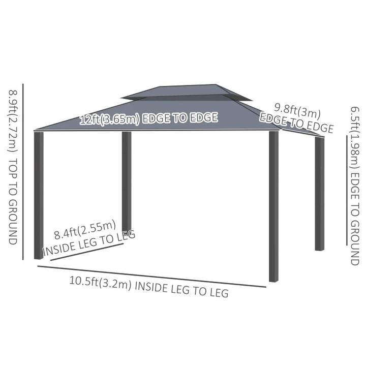 12' x 10' Tiered Galv Steel Hardtop Aluminum Frame Gazebo Canopy Shelter w Mesh, Curtain, Brown