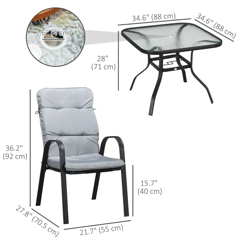 5pc, 4 Seat Outdoor Patio Dining Set w Tempered Glass Table, Chairs, Cushions - Black, Grey