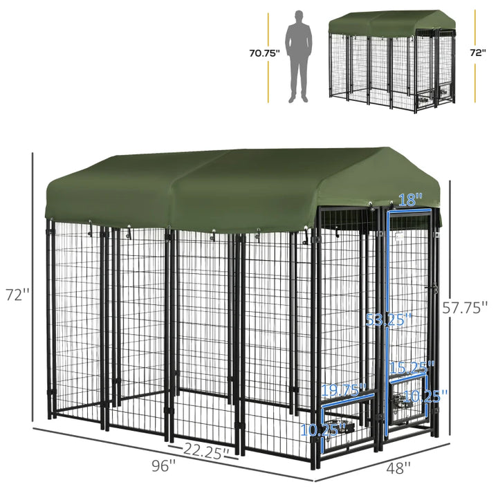 8' x 4' x 6' Steel Dog House, Bowl Holders, Roof Pen Kennel Shelter Heavy Duty Outdoor Dk Green