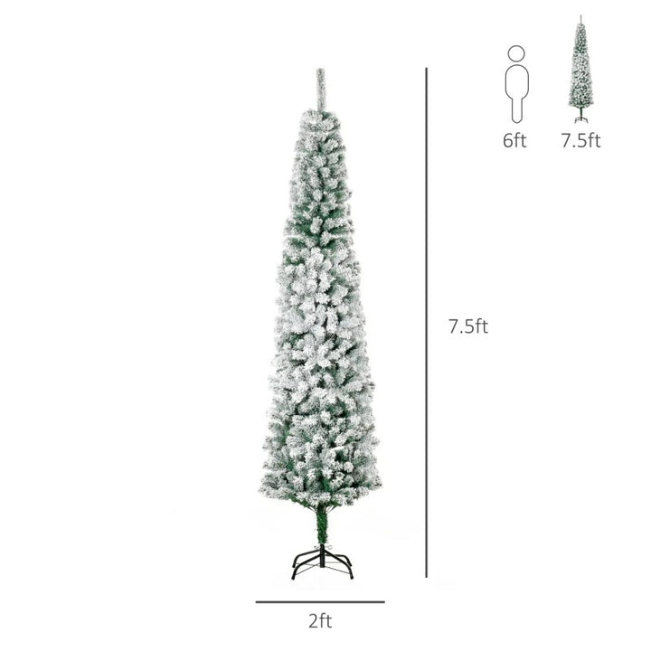 NEW 7.5ft 738-Tip Unlit Snow Flocked Slim Artificial Pencil Christmas Holiday Xmas Tree, Green