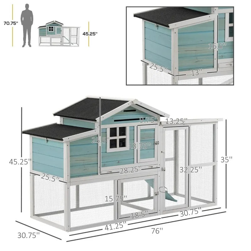 76" Wooden Outdoor Chicken Coop Hen House w Removable Tray, Nesting Box, Lockable Door, Lt Blue