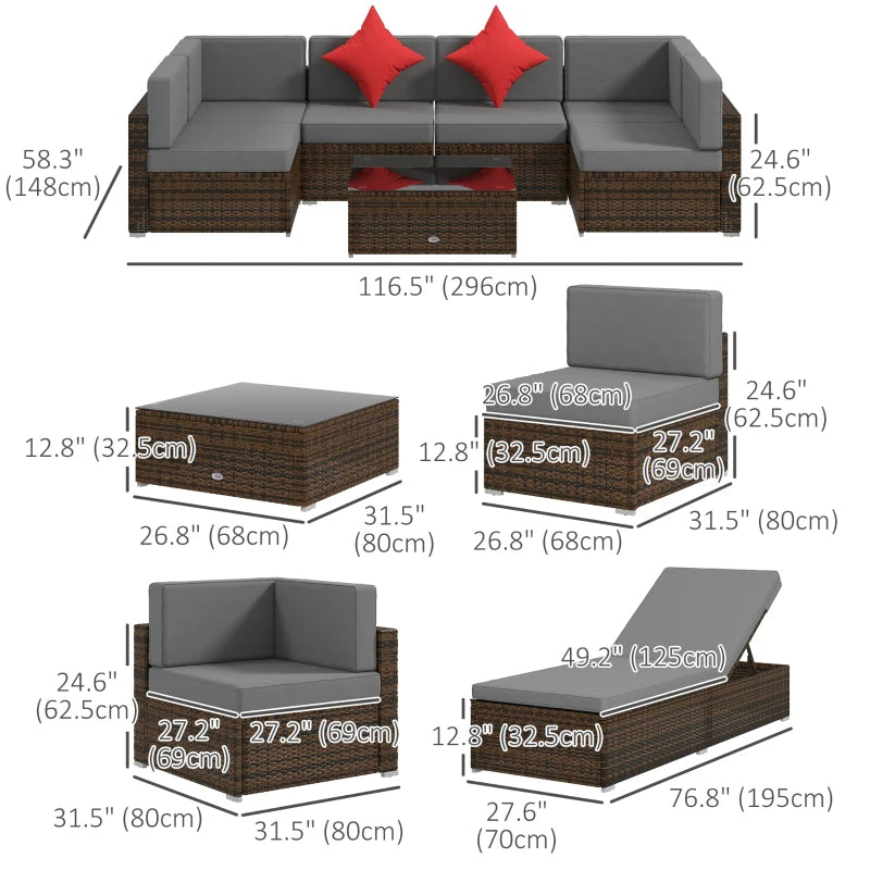 9pc Premium PE Rattan Wicker Sectional Conversation Outdoor Patio Set w 2 Loungers, Grey, Brown