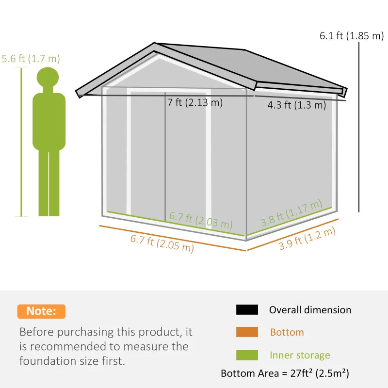 7’ x 4’ x 6’ Outdoor Metal Storage Shed Organizer w Foundation for Garden Backyard, Light Green