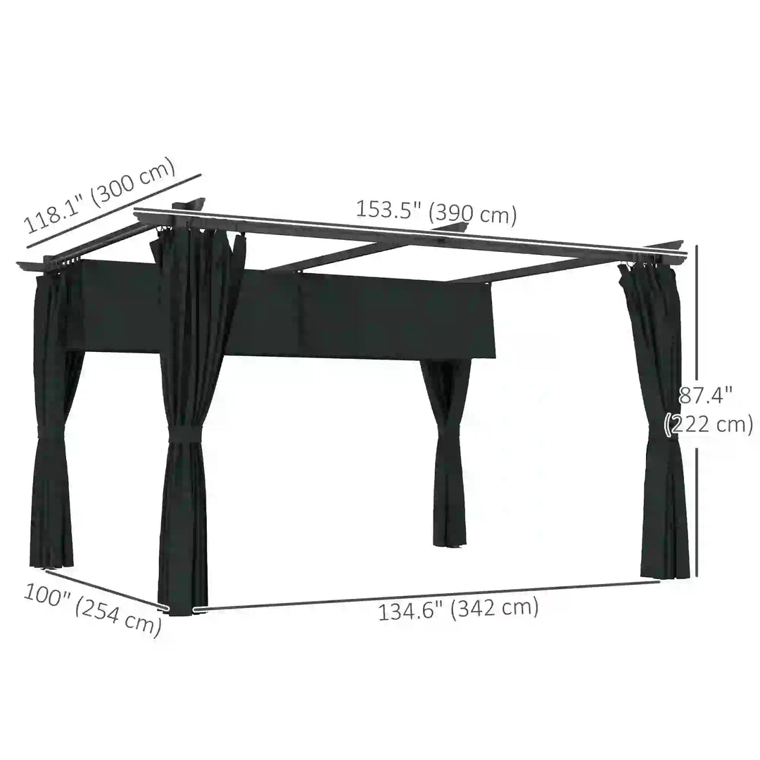13' x 10' Aluminum Metal Pergola Gazebo Patio Shelter w Retractable Canopy Roof, Curtains, Dk Grey
